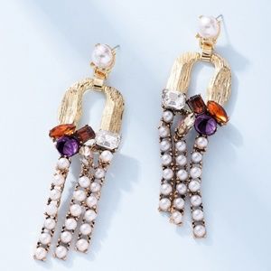 Gold Tone Pearl Tassel Long Earrings